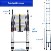 Telescopische Ladder 4,4M - Aluminium Uitschuifbare Ladder - Lichtgewicht & Draagbaar - Stabiele Haken - Max. 150KG Belastbaar