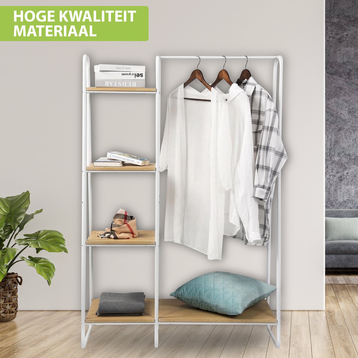 Luxiqo Kledingrek Met Schoenenrek | Inclusief 4 Opbergplanken | 102 x 40 x 150 CM | Wit metaal