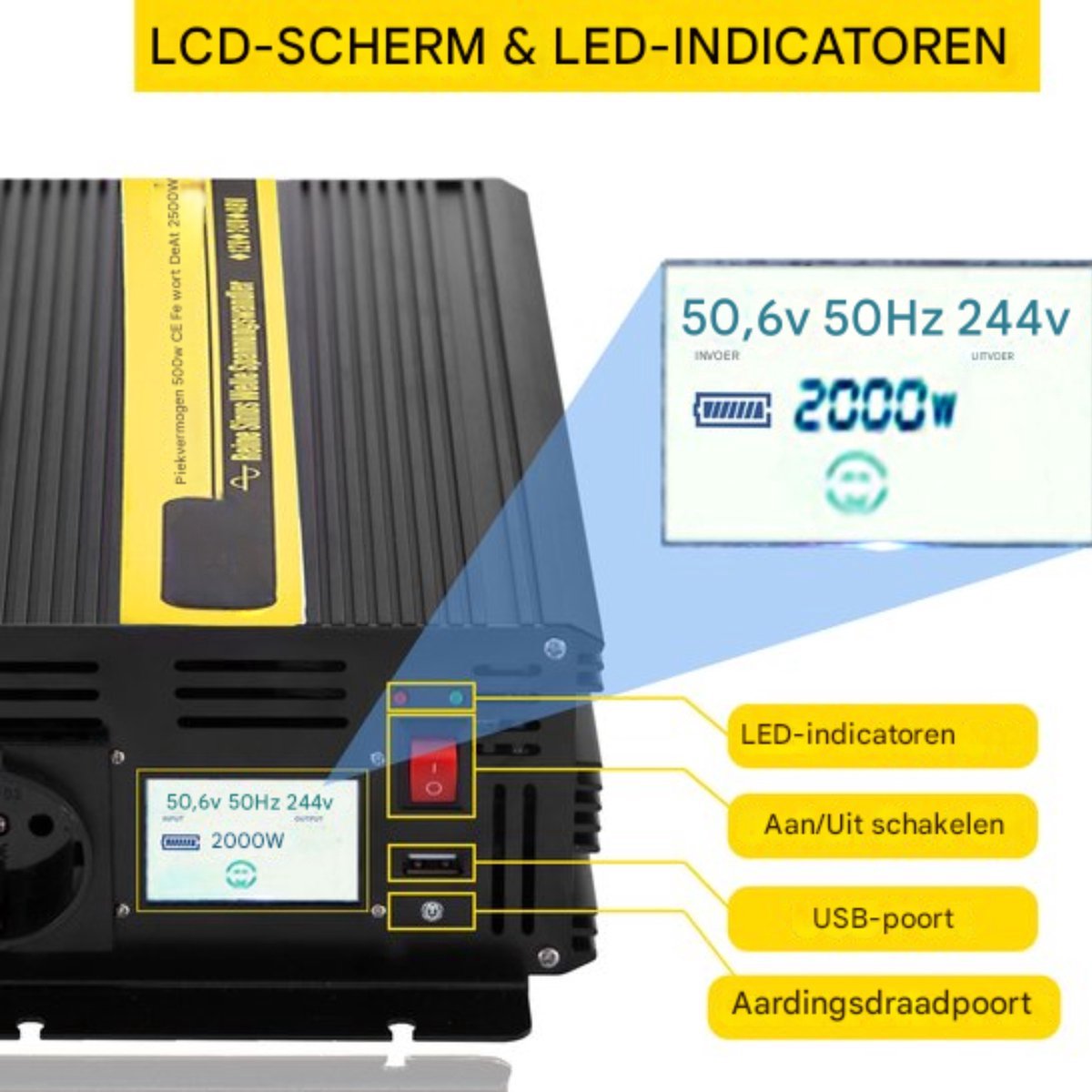 Omvormer 2500W - Afstandsbediening en LCD - DC 12V naar AC 230 V - 5000W Piekvermogen