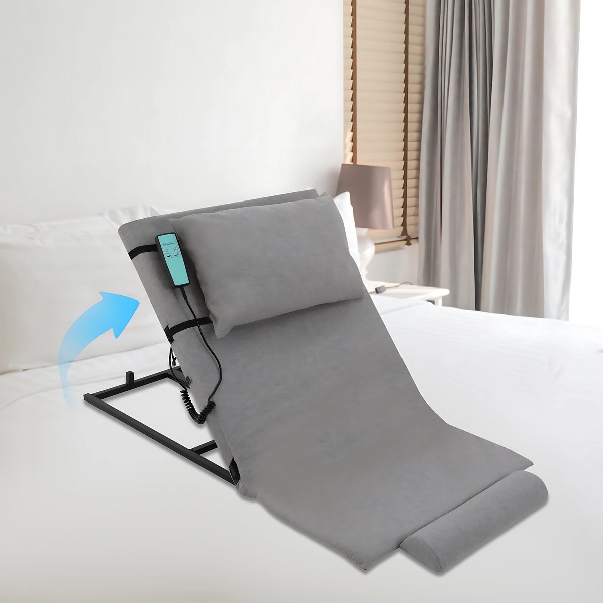 Elektrische Bed rugsteun - Hoofdsteun voor in bed - Leeskussen - voor Lezen & Rusten - met Afstandsbediening - 2°-80° Verstelbaar - Inclusief Kort Kussen & Hoofdsteun - Grijs