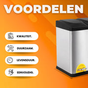 Pedaalemmer 3 vakken - 24L - Prullenbak - Afvalscheiding - RVS - Softclose - Anti-slip