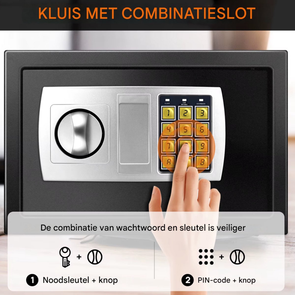 Luxe kluis Vaylen - Brandwerende Waterdichte Veiligheidskluis - 2 Handmatige Override Sleutels - Veiligheidsbox met Dubbel Digitaal Toetsenbord en Sleutel