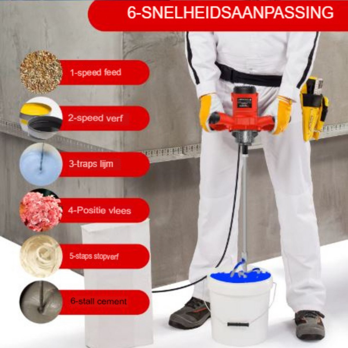 Handheld Betonmixer Zyren - 2600W - 6 Snelheden - Verstelbare Roerder - Elektrische Mix - M14 Mengstaaf - 120mm