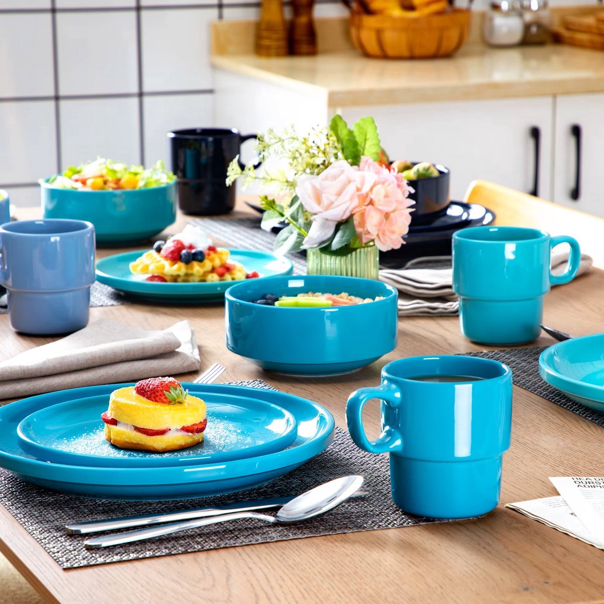 Lustré Serviesset - 16 delig - 4 persoons - 2 kleuren blauw - Dinerborden - Bordenset - Diepe borden - Ontbijtborden - Servies - Keukenservies