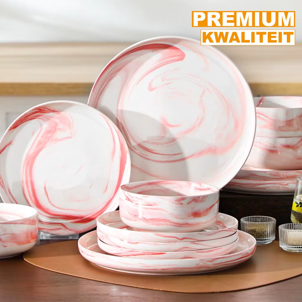 Noble Bordenset – 6 persoons – 18 delig – Roze Keramisch – Eetborden – Kleine Borden