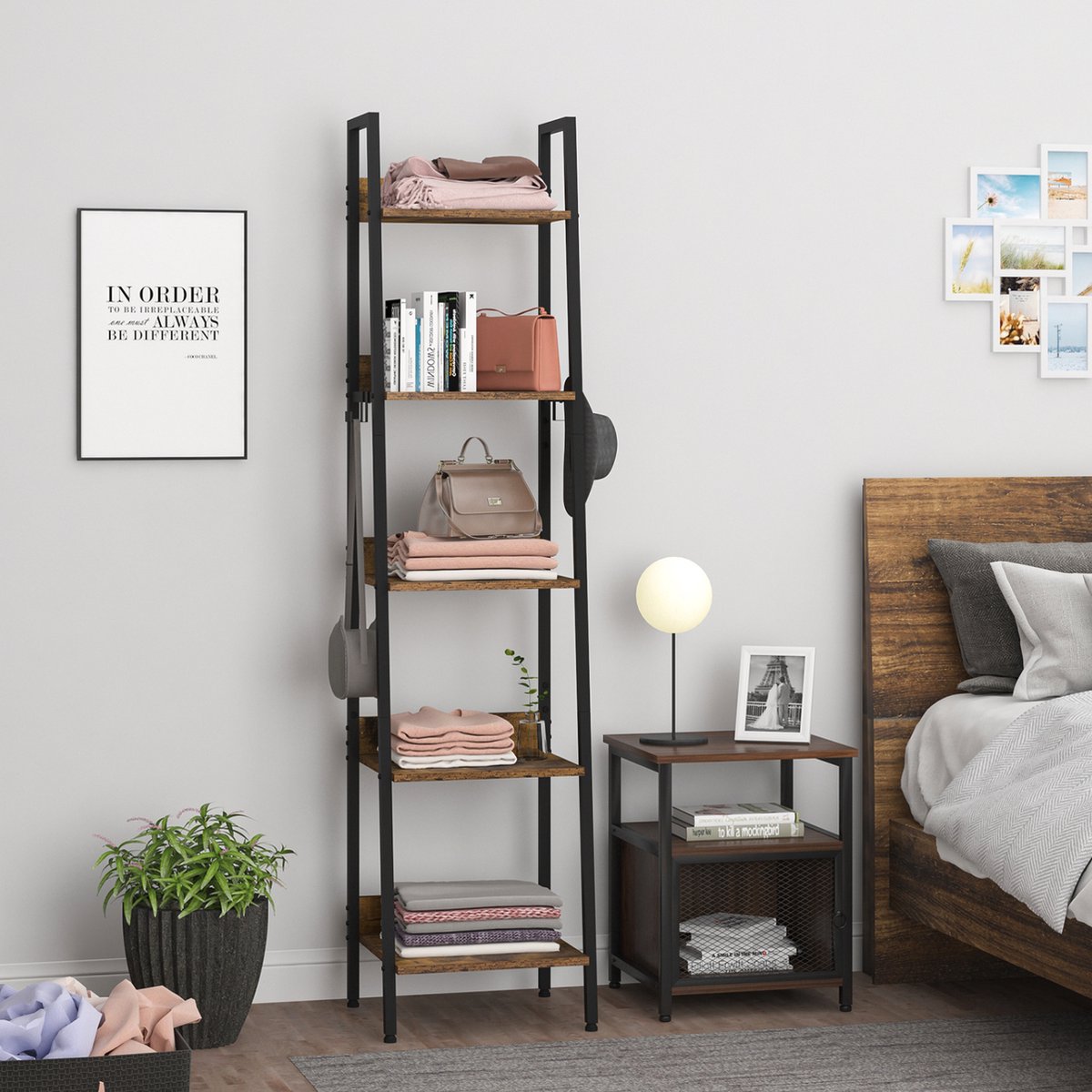 Happyment Boekenkast Tida - 5 lagen - Zwart - Marble look - Boekenrek - Woonkamer, slaapkamer en kinderkamer - Hout - Metaal - 40 x 36 x 170 cm - inclusief 4 haken