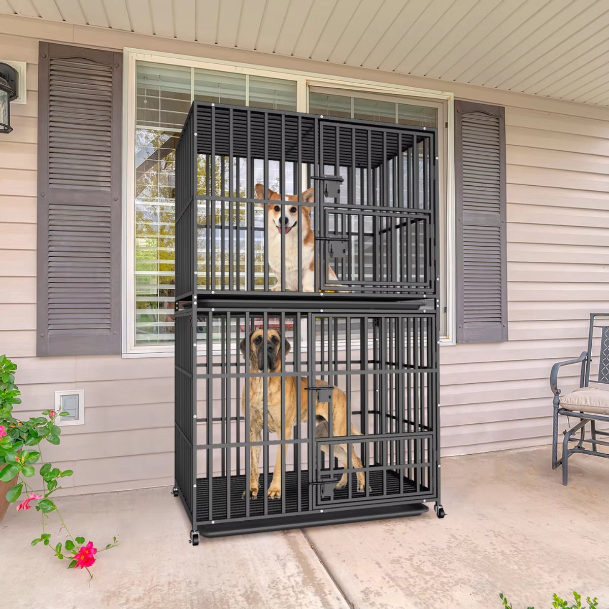 Dubbele Hondenmand Rex - Hondenkennel - Meubelbench Bijzettafel - Metalen Hondenkrat & Walnoot - Binnenbench - 145 cm Hoog - 95 cm Breed