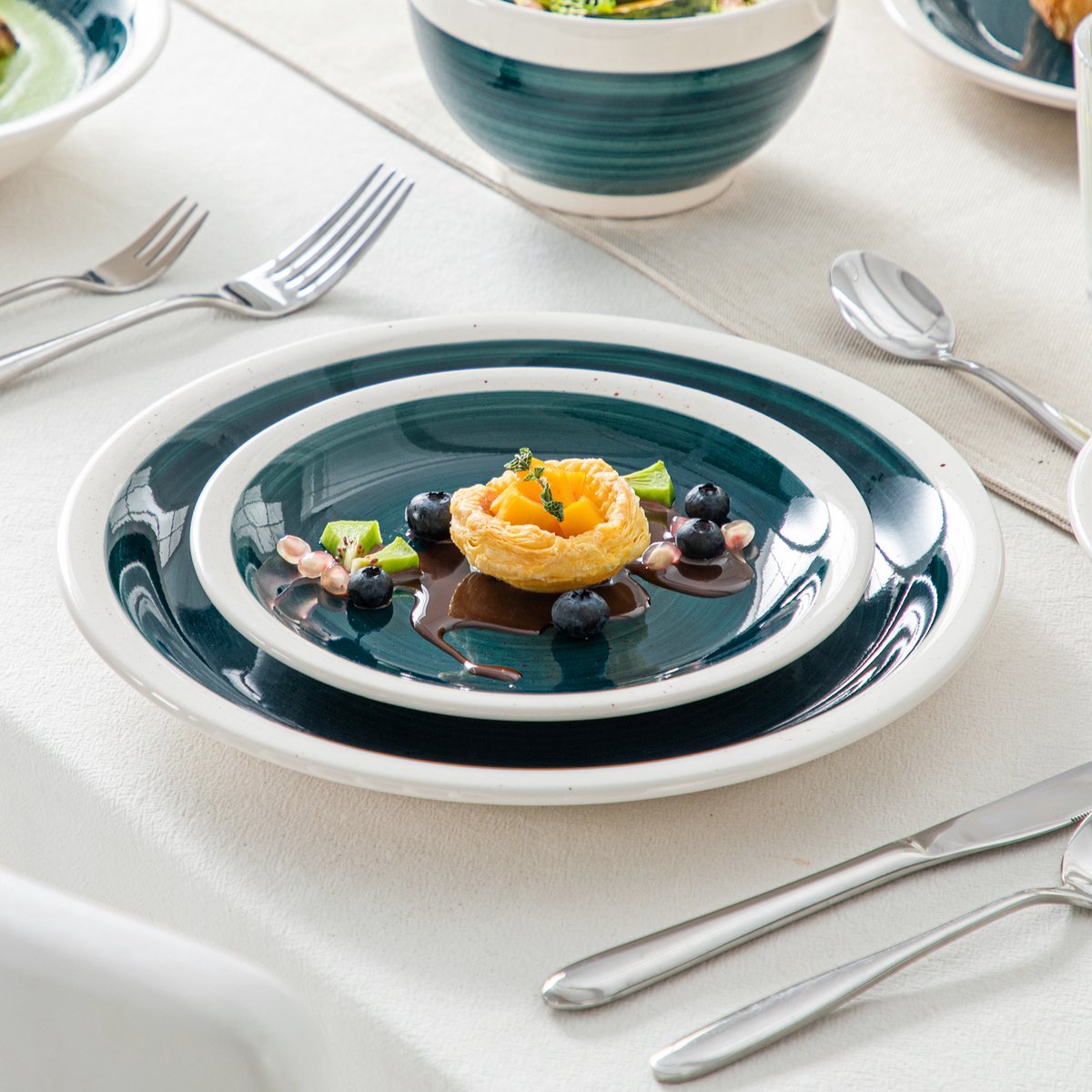 Verdano Serviesset - 32 delig - 8 persoons - Donkergroen/Witte rand - Dinerborden - Bordenset - Diepe borden - Ontbijtborden - Servies - Keukenservies