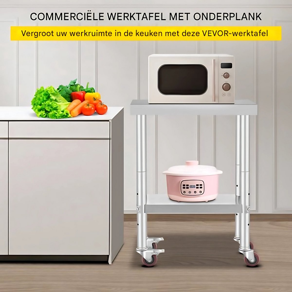 Keukentafel horeca - RVS - Werktafel met wielen - Bijzettafel verplaatsbaar - Keukeneiland