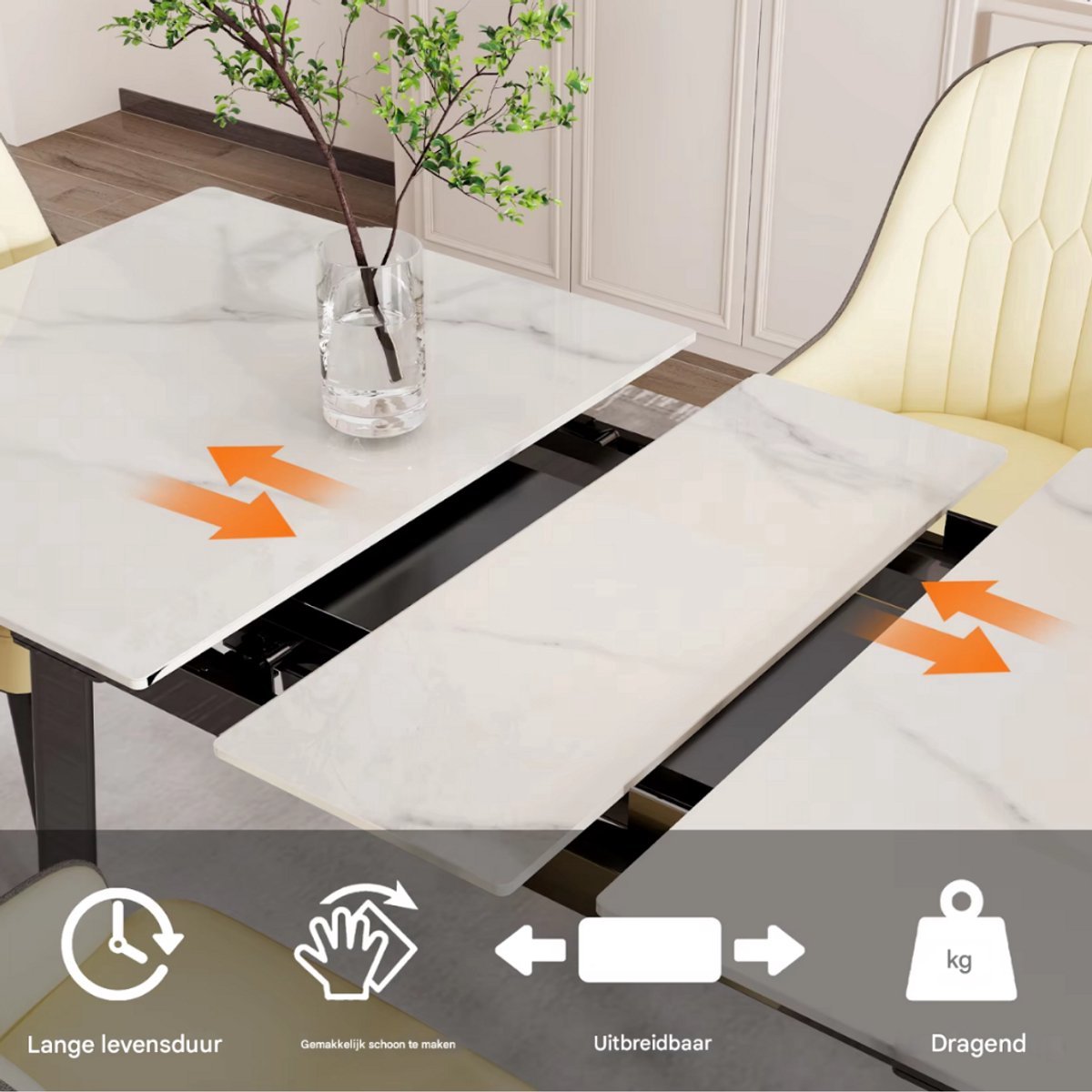 Eettafel Grandiose - 8-10 Personen Gesinterde Stenen Eettafel - 180 cm Uitschuifbare Keuken Eettafel voor Kerst - Metalen Frame
