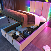 Bed - Eenpersoonsbedden - Voor Slaapkamer of Jeugdkamer - Met USB-C Oplaadfunctie, LED-verlichting & App-bediening - Opbergruimte, Lattenbodem & Beige Linnen - 90x200 cm