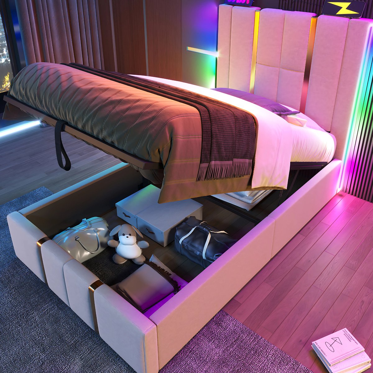 Bed - Eenpersoonsbedden - Voor Slaapkamer of Jeugdkamer - Met USB-C Oplaadfunctie, LED-verlichting & App-bediening - Opbergruimte, Lattenbodem & Beige Linnen - 90x200 cm
