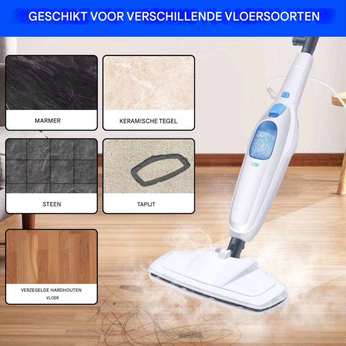 Elektrische Stoommop Tavien - 12 in 1 - 120 Graden Draaibare Kop voor Vloerreiniging - 5000W Stoomreiniger met 400ml Watertank
