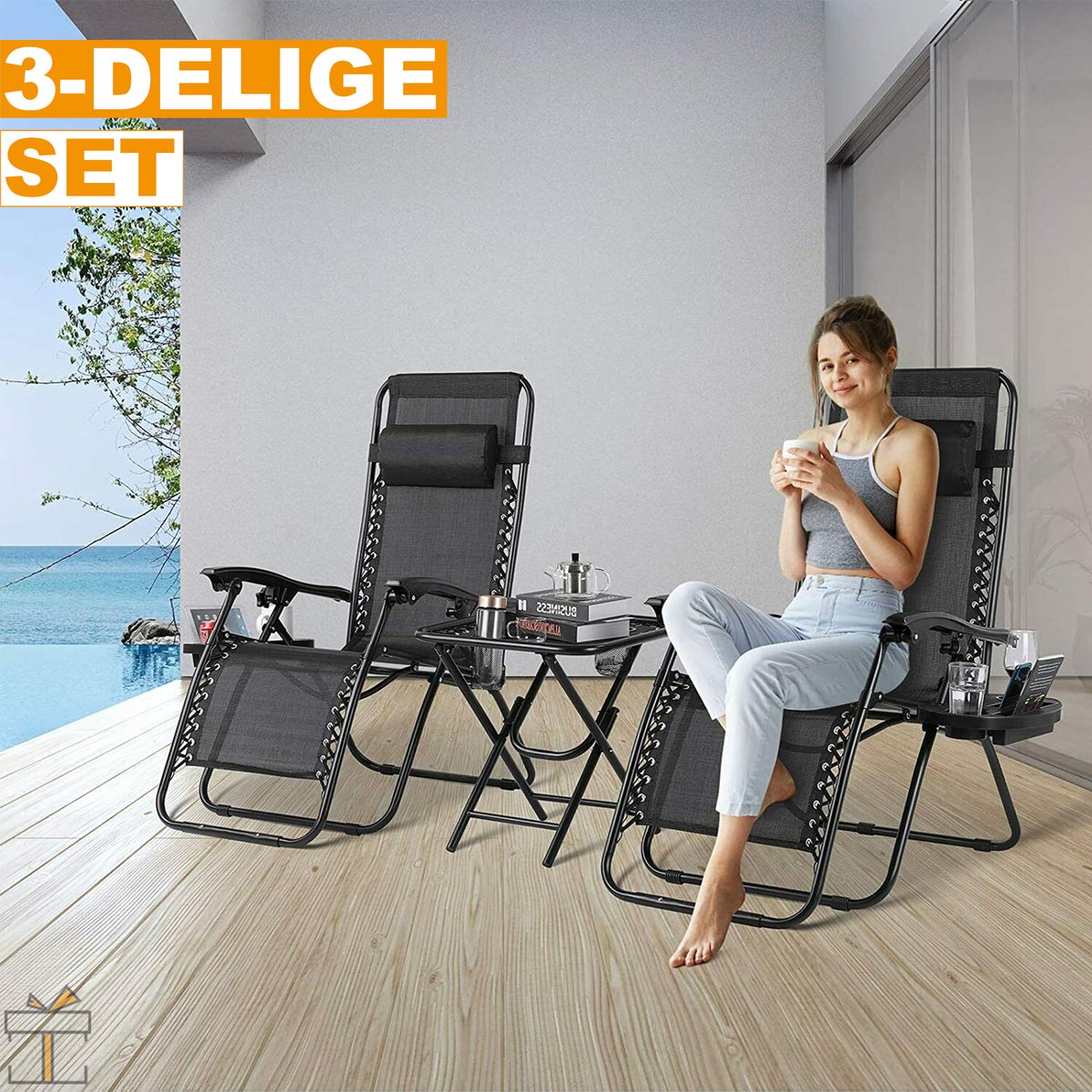 Happyment Opvouwbare strandstoelen 2 stuks - Tuinstoelen met tafeltje - Zonnebed - 0° tot 160° Verstelbaar - Zwart