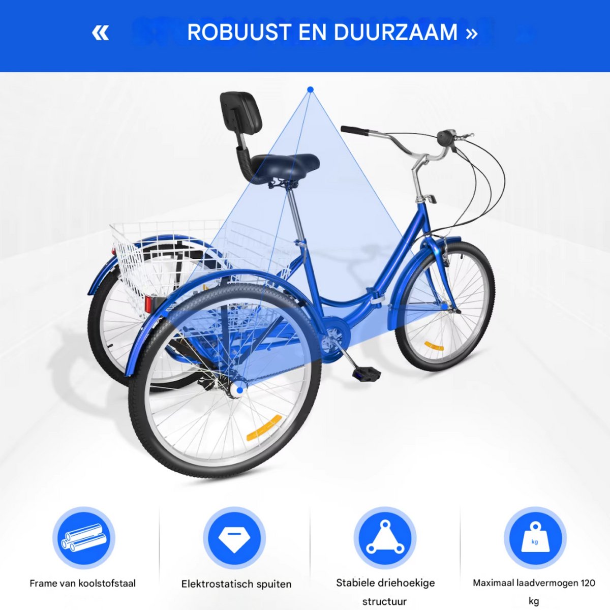 Driewieler Zico - 7 versnellingen - Fiets voor volwassenen en senioren - 24 Inch - Opvouwbare Trike - Met mand - Voorrem - Blauw