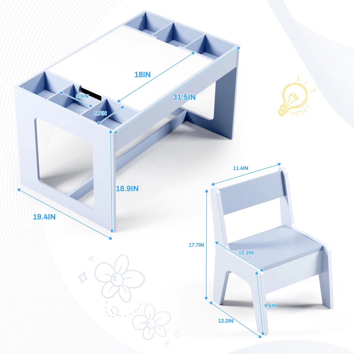 Kindertafel - Speeltafel- Voor Kinderen & Kleuterschool - Kindertafel en stoeltjes - 3-in-1 - Met met Tekenbord, Opbergruimte & 2 Stoelen - Lichtgrijs