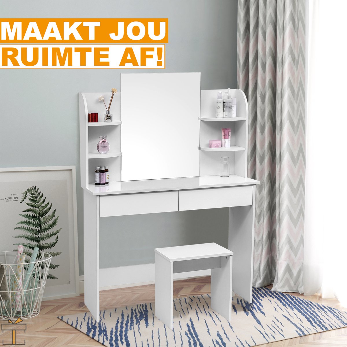 Happyment Kaptafel Ziva - Inclusief spiegel en krukje - Wit - Kinderen & volwassenen - Make up tafel voor meisjes