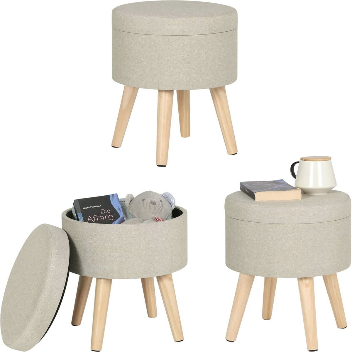 Happyment Poef Livi creme - Met opbergruimte - Opbergbank Poef - Voetenbank - Opbergbox hocker - Zitkist met deskel - Stof - 32 x 32 x 26cm