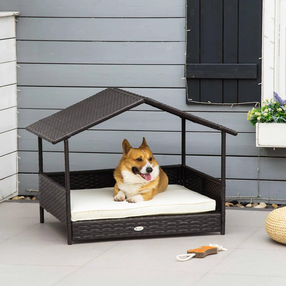 Hondenhuis met kussen - 98x69x73 cm - Voor Honden - PP Rotan Koffiebruin - Hondenbench (Binnen & Buiten) - Bench