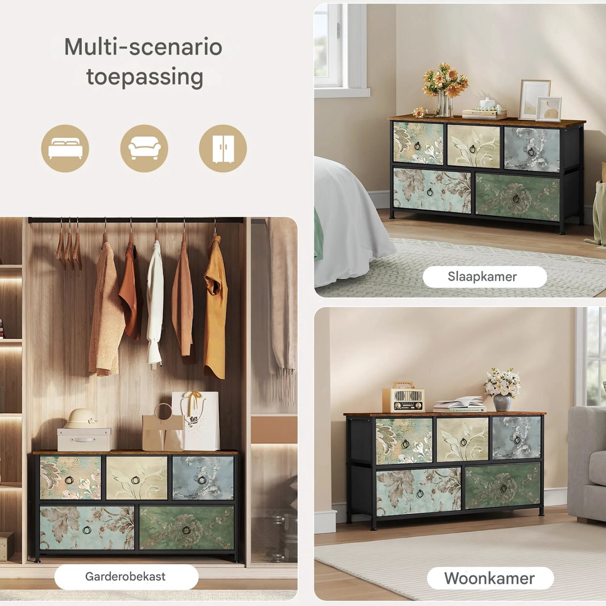 Ladekast met 5 Laden -Dressior - Kast - Voor Woonkamer, Slaapkamer, Keuken of Hal - TV-Kast & Dressoir - Met Stof en Metalen Frame van