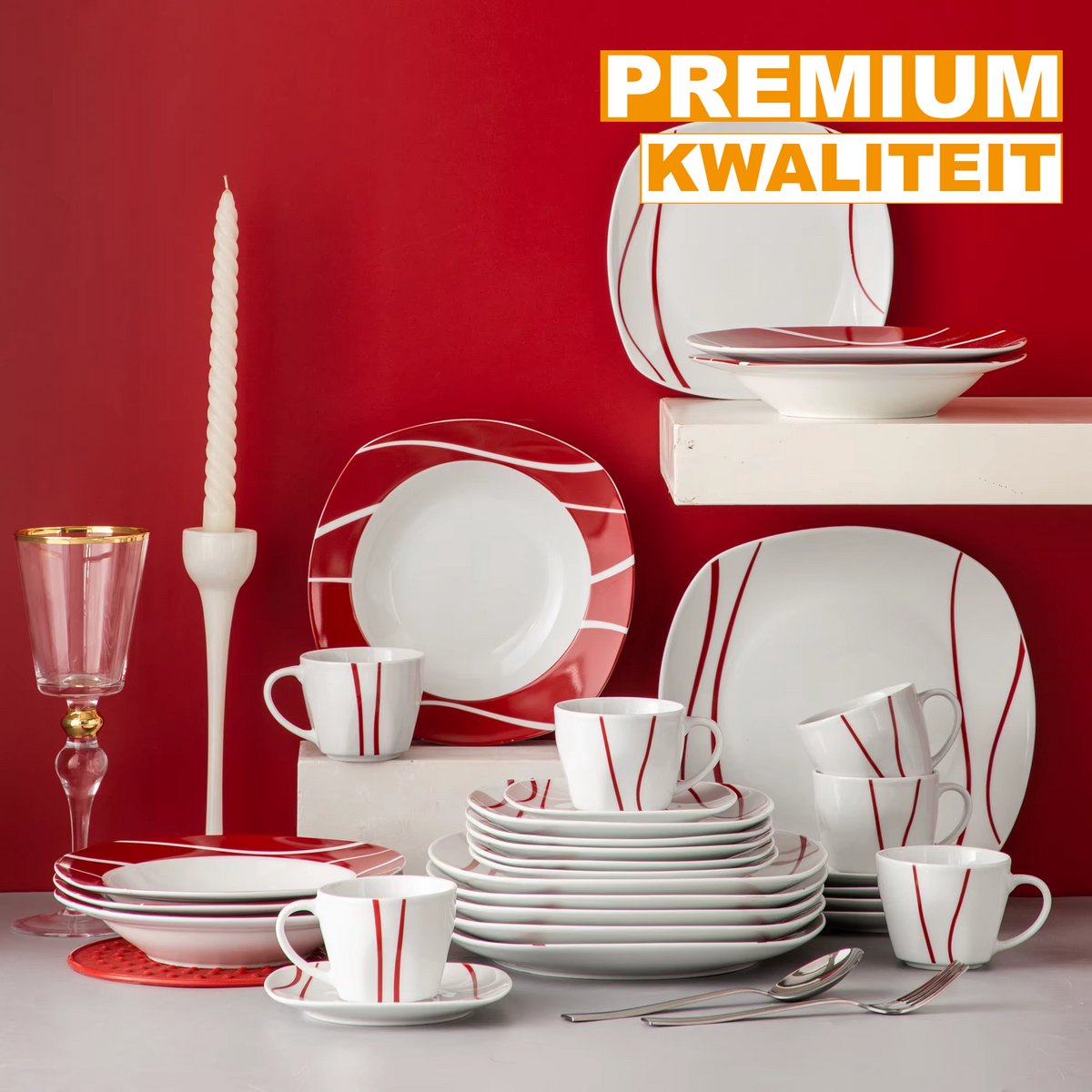 Lavish Serviesset – 6 persoons – 30 delig – Rood wit Keramisch – Dinerborden – Ontbijtborden