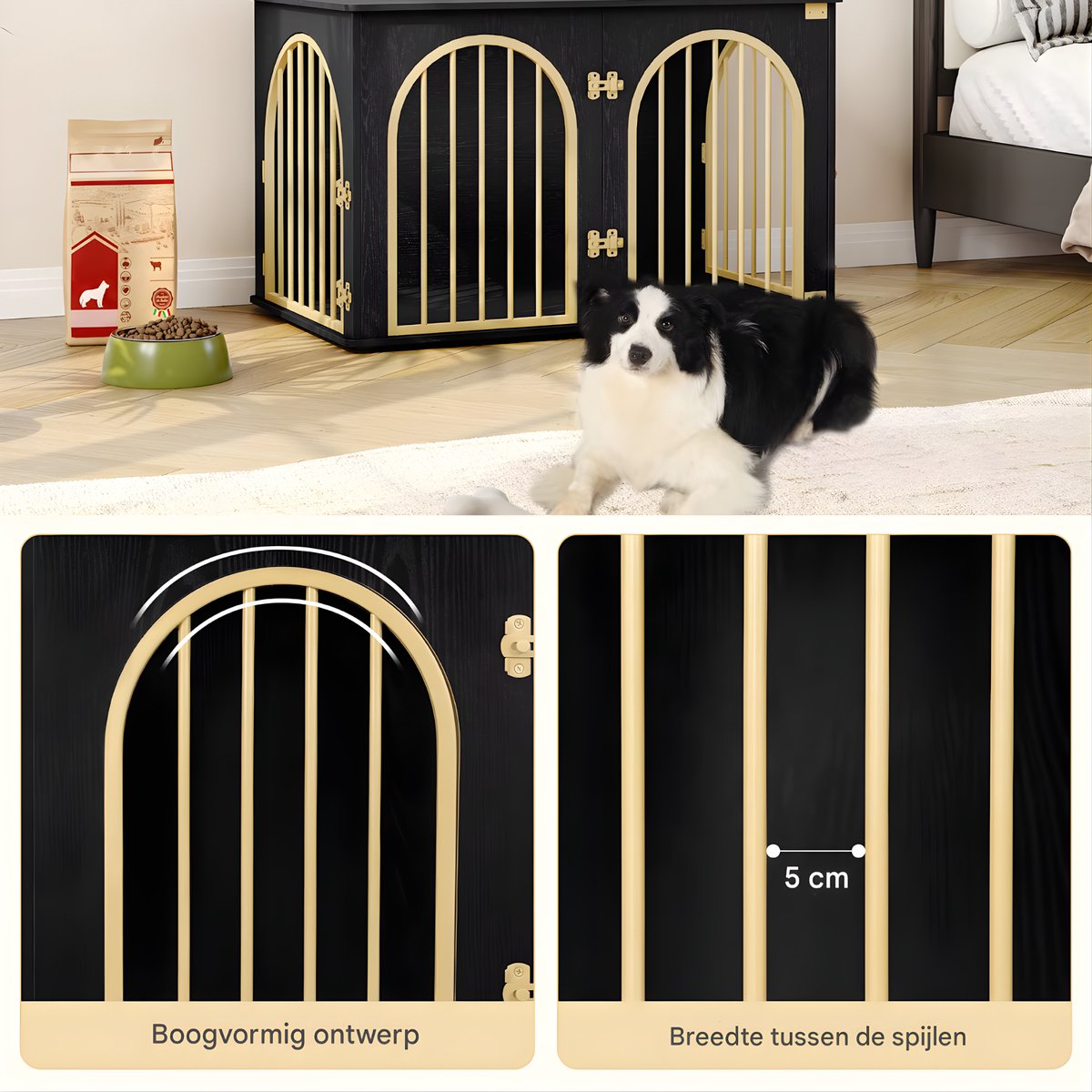 Hondenbench - Hondenkrat - Hondenkennel - Hondenhok - Voor Thuis & Binnengebruik - 3-Deurs - Zwart/Goud - 100cm