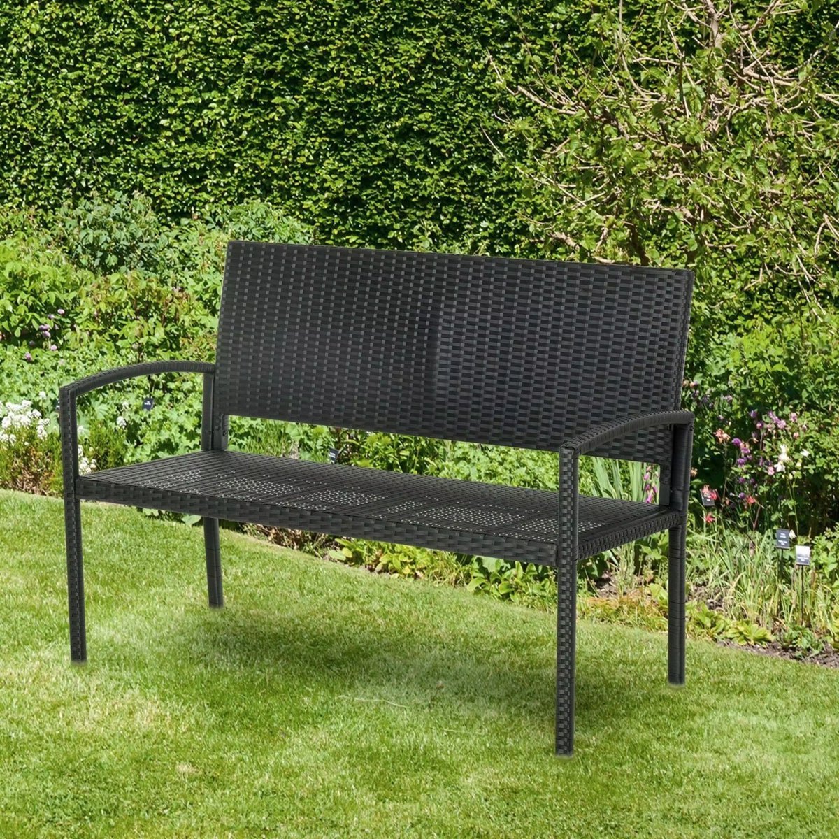 Tuin bank Fioren - Twee zits bankje - Voor Buiten & Veranda - All-Weather PU-Rieten Design met Stalen Frame - Lichtgewicht en Eenvoudige Montage - Tuinmeubilair - Zwart