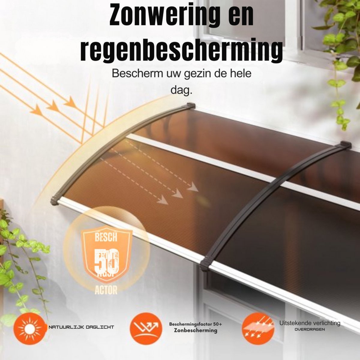 Voordeurluifel - Deurluifel - 199cm - Dakbedekking - Voordeur afdak - Polycarbonaat - UF50+ Zonweringsfolie