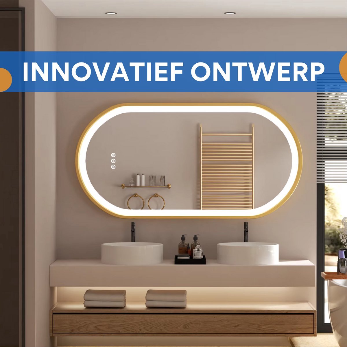LED Badkamerspiegel Valora - Met verlicht - Gouden Frame - Dimbaar - Make up - Ovale spiegel - Anti-mist - 50x80cm