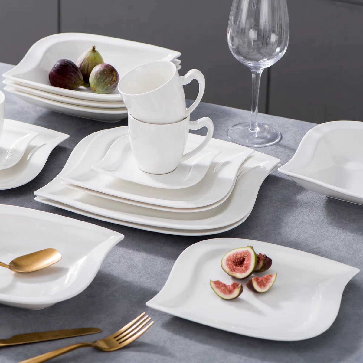 Crystal Bordenset – Ontbijtborden – 12 persoons – 60 delig – Marmerlook Keramisch – Eetborden – Kleurrijke presentatie