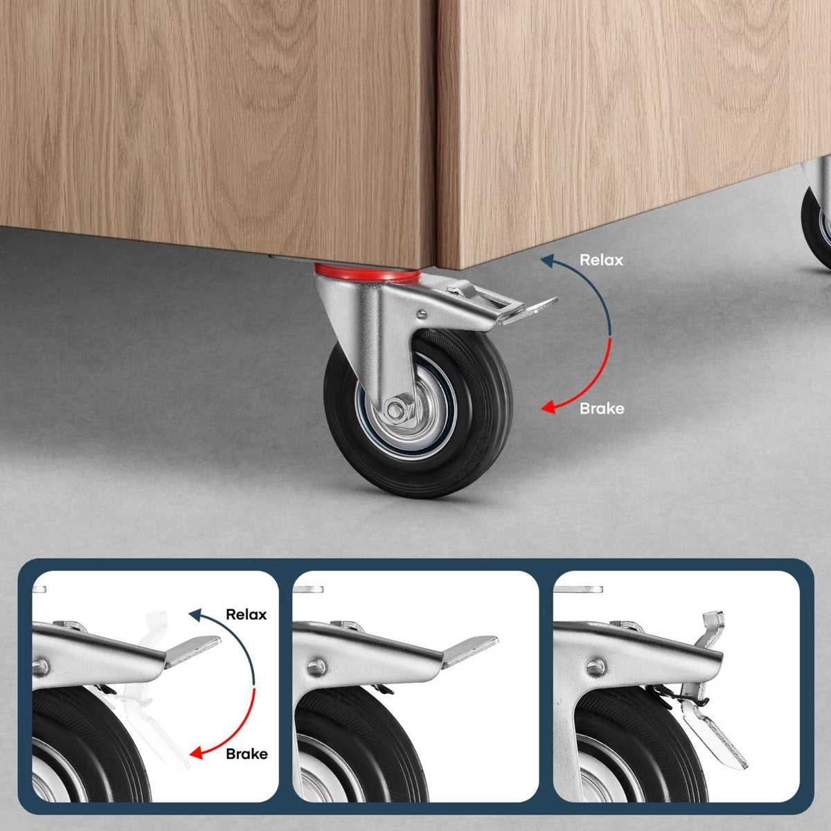 Zwenkwielen met rem - Set van 8 - 200 mm - Set van 4 - Transportrollen - Zware wielen - 150KG Draagvermogen
