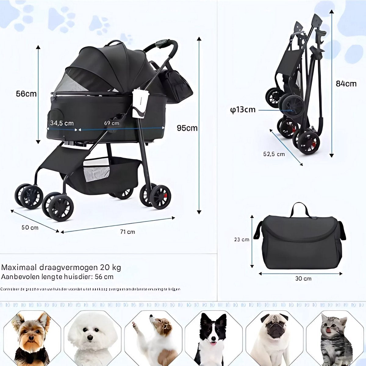 Hondenbuggy Tavien inklapbaar - All terrain - 30kg capaciteit - Ook voor katten - Comfort voor dieren - Zwart