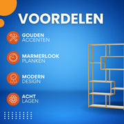 Boekenkast Aravon - 8 Lagen - Boekenrek Metaal - Goud en Marmerlook - Voor Woonkamer