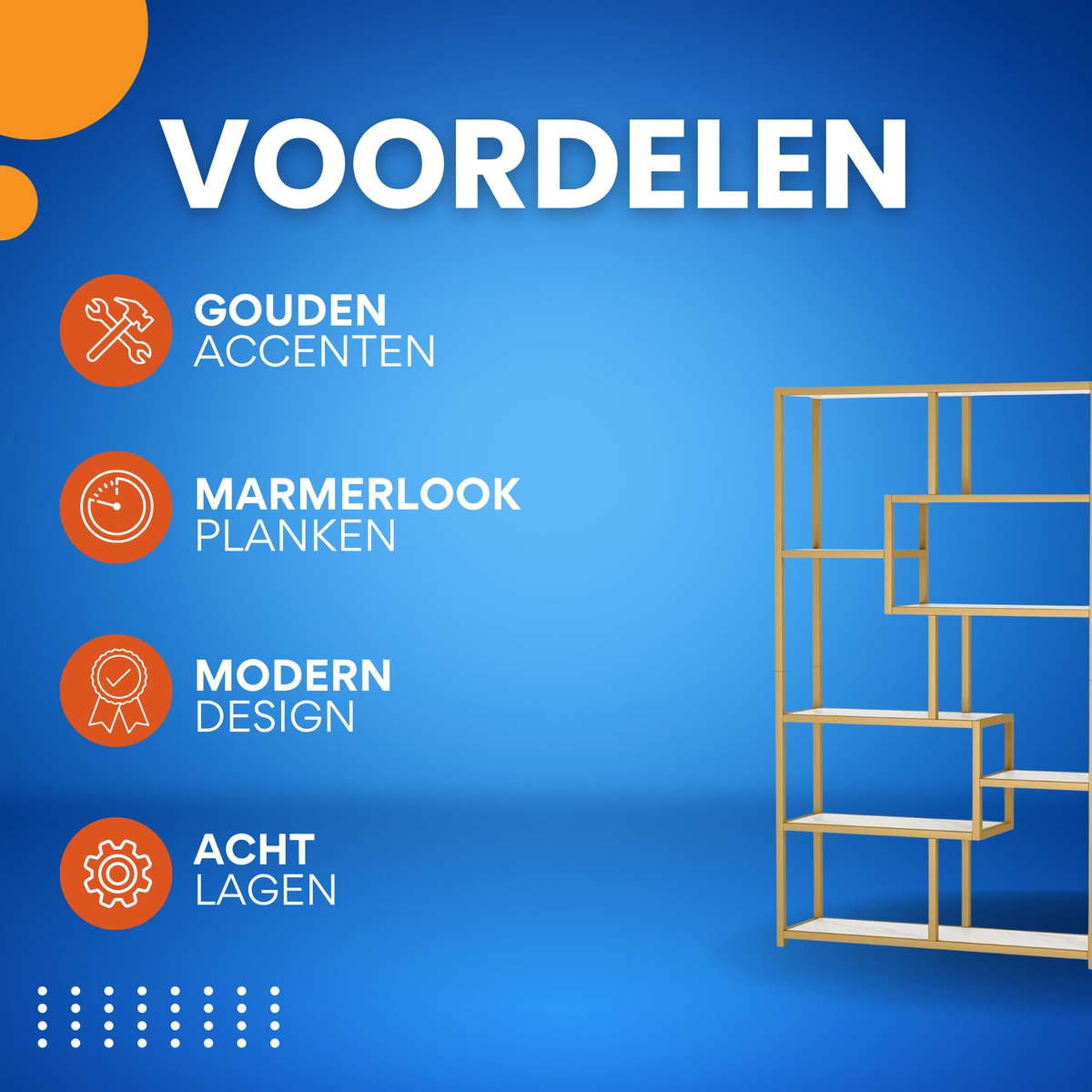 Boekenkast Aravon - 8 Lagen - Boekenrek Metaal - Goud en Marmerlook - Voor Woonkamer