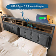 Bed - Tweepersoonsbedden - Tweepersoonsbed - Twijfelaar - Voor Jeugdkamer of Slaapkamer - Met USB-C Oplaadfunctie & Hoofdeinde - Lattenbodem & Opbergruimte voor Beddengoed - 140x200cm