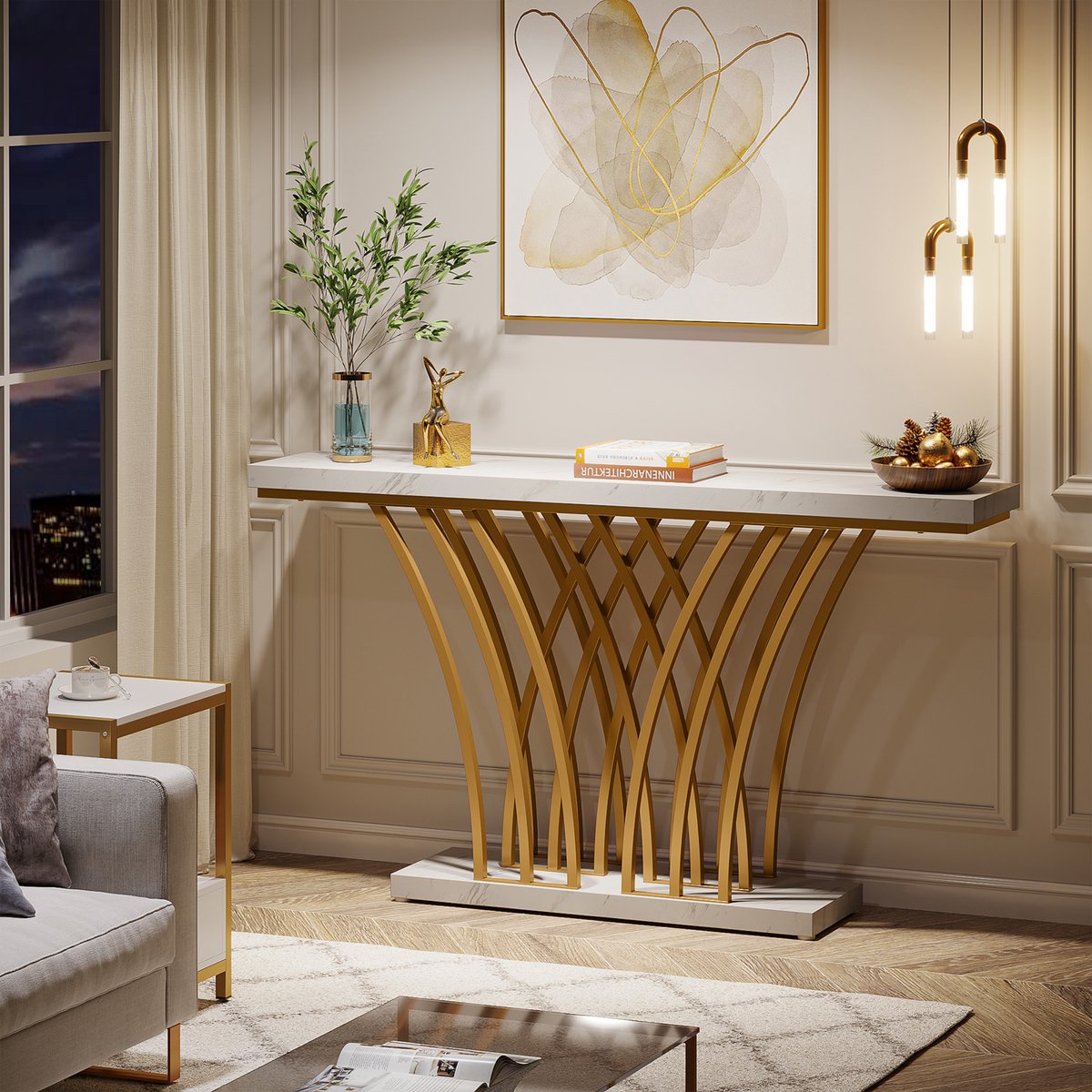 Consoletafel Novio - Goud - Sidetafel - Wandtafel - Haltafel - Zwart - Woonkamer - Wit Marmerlook