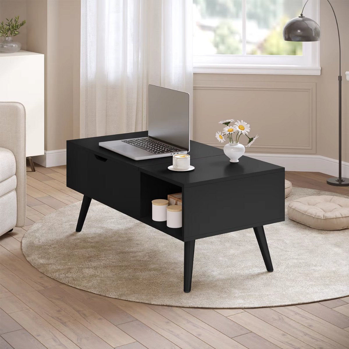 Salontafel Dulvia- Zwart - Tafel voor woonkamer - Met opbergruimte en hefplank - Laptoptafel
