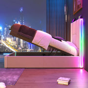 Bed - Eenpersoonsbedden - Voor Slaapkamer of Jeugdkamer - Met USB-C Oplaadfunctie, LED-verlichting & App-bediening - Opbergruimte, Lattenbodem & Beige Linnen - 90x200 cm