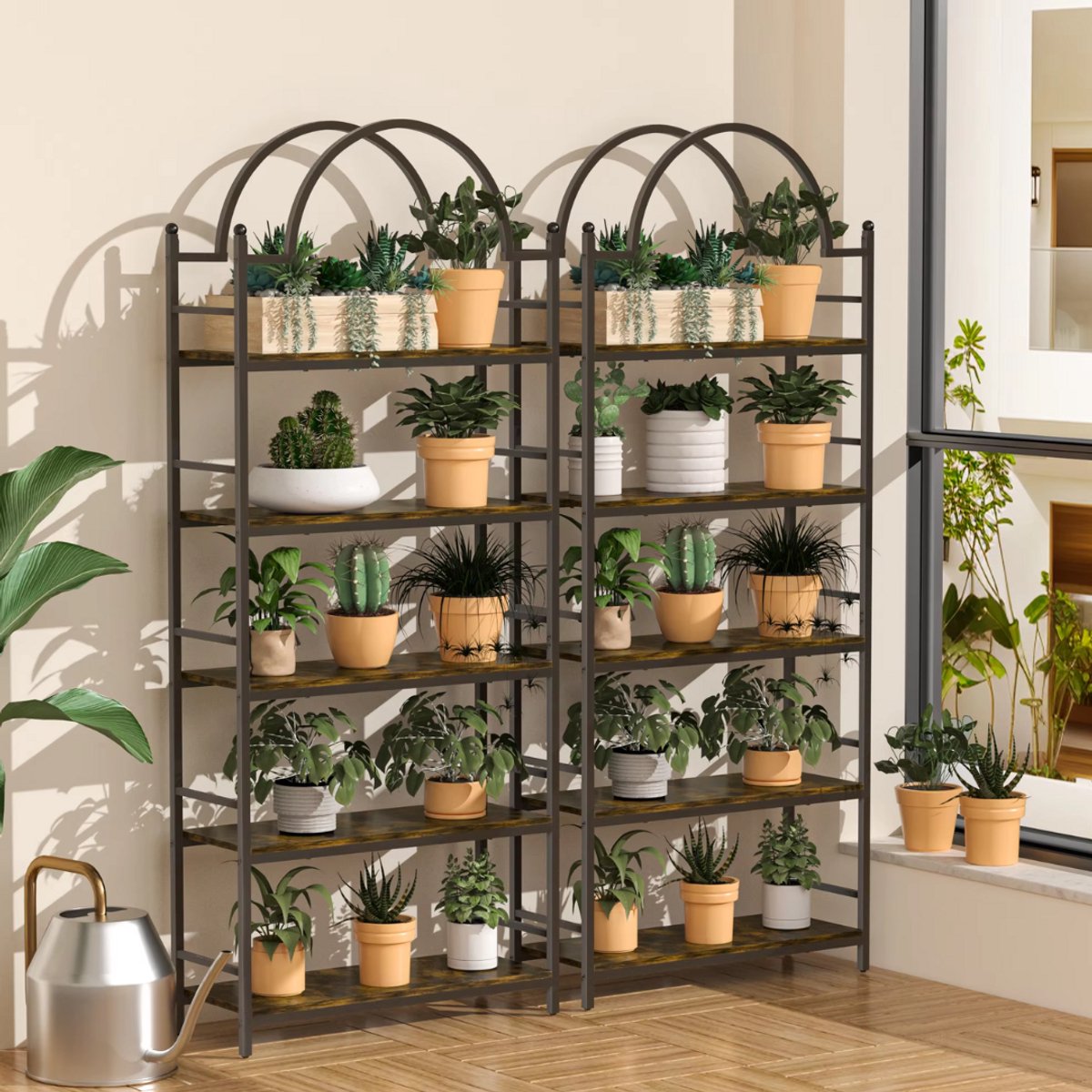Boekenkast 5-Laags - Industrieel Wandrek met Gebogen Laddermodel - Zwart Metalen Frame & MDF Planken - Voor Woonkamer, Keuken of Kantoor
