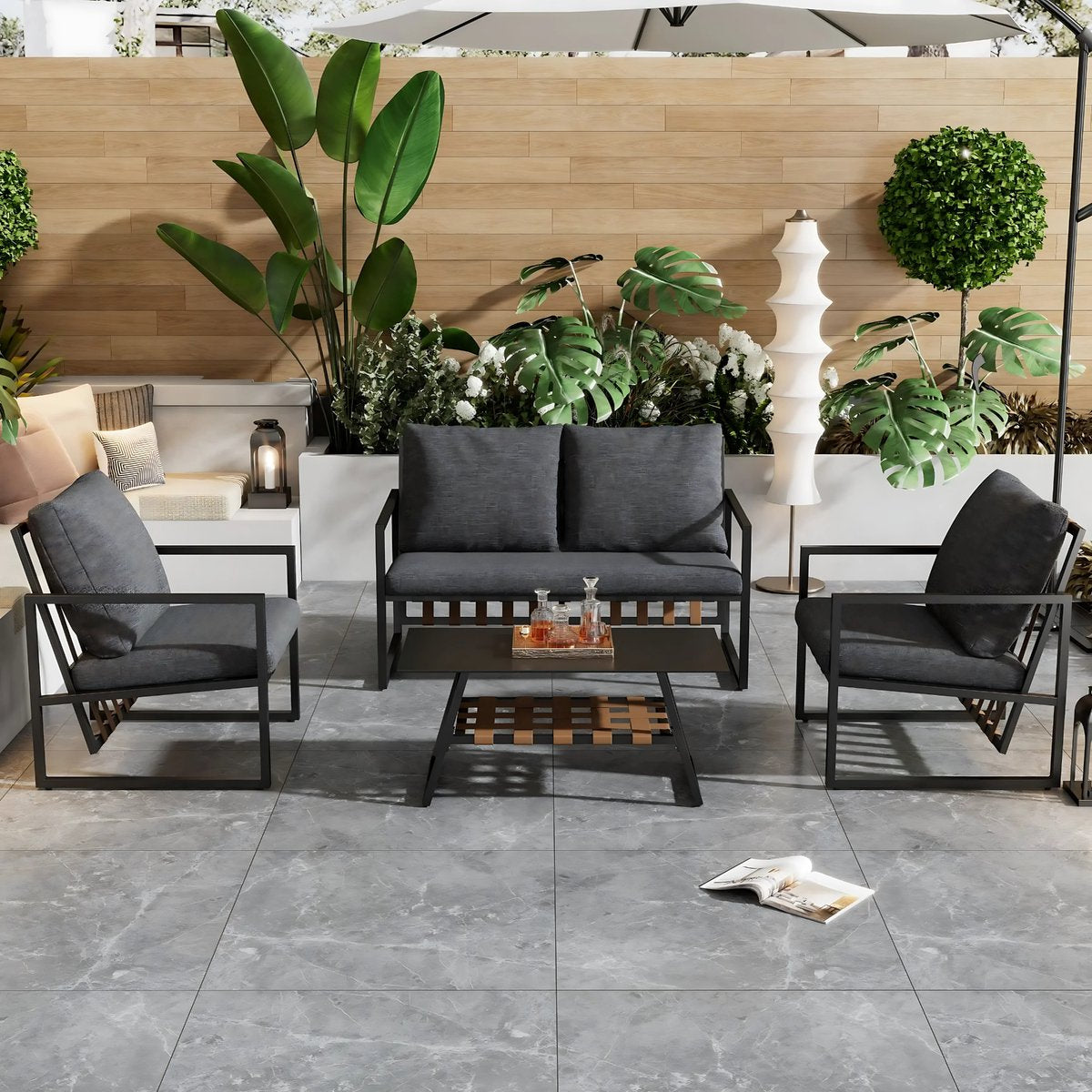 4-delig Tuin Loungeset - Tuinmeubelset - Voor Buitenruimte - Comfortabele Sofa met Tafel & Kussens - Zwart met Afneembare Hoezen