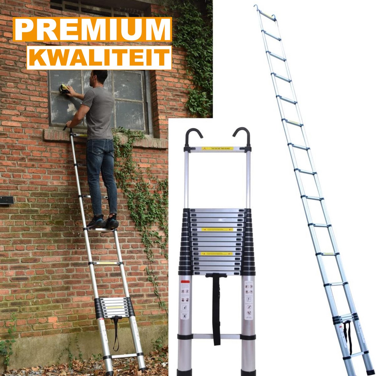 Uitschuifbare Telescopische Ladder - 6,2m - Afneembare Haken en Uitschuifbare Treden - Opvouwbare Zolderladder met Antislipvoeten
