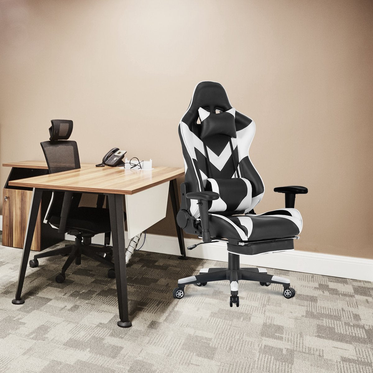 Luxe Gaming stoel - Met voetsteun - Wit - Gamestoel - Chair - Ergonomische bureaustoel - Verstelbaar - Chair - Kunstleer