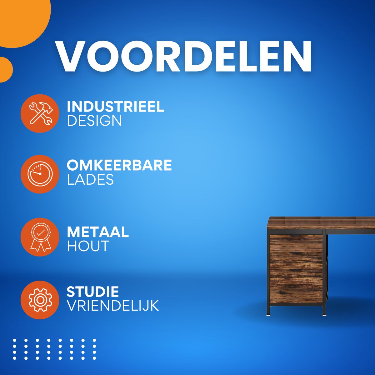 Computerbureau - Bureau met lades - Werktafel - Voor studeren of werken - 3 lades - Rustic brown