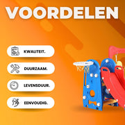 3-in-1 Schommel- en Schuifset voor Peuters - Buitenspeelgoed - Binnenspeeltuin met Glijbaan, Klimmer en Basketbalring - Geschikt voor Kinderen van 1-7 Jaar - Blauw & Rood