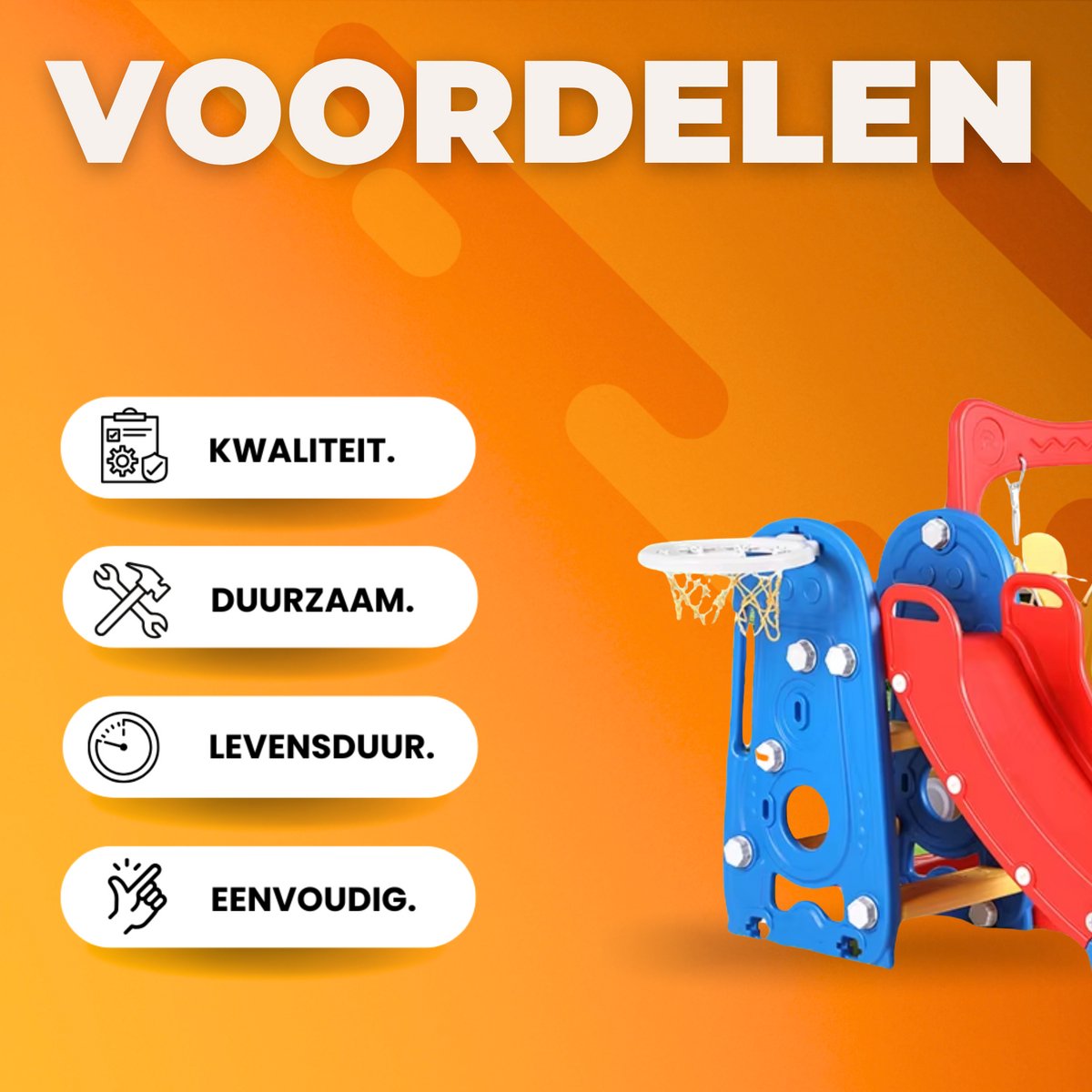 3-in-1 Schommel- en Schuifset voor Peuters - Buitenspeelgoed - Binnenspeeltuin met Glijbaan, Klimmer en Basketbalring - Geschikt voor Kinderen van 1-7 Jaar - Blauw & Rood