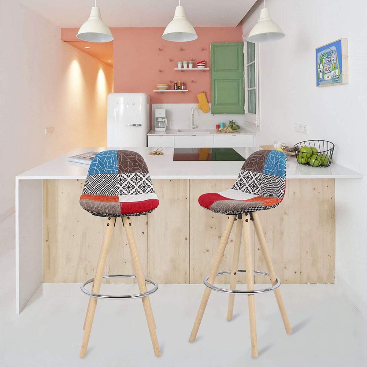 Hoge Barkruk Color - Zithoogte 75cm - Set van 1 - Keuken - Barstoelen - Met rugleuning - Linnen - Zwart frame