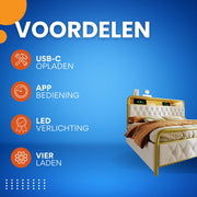 Bed - Tweepersoonsbedden - Tweepersoonsbed - Voor Slaapkamer - Met USB-C Oplaadfunctie, LED-verlichting & App-bediening - Metalen Bedframe met 4 Laden - Fluwelen Bekleding - 160x200cm