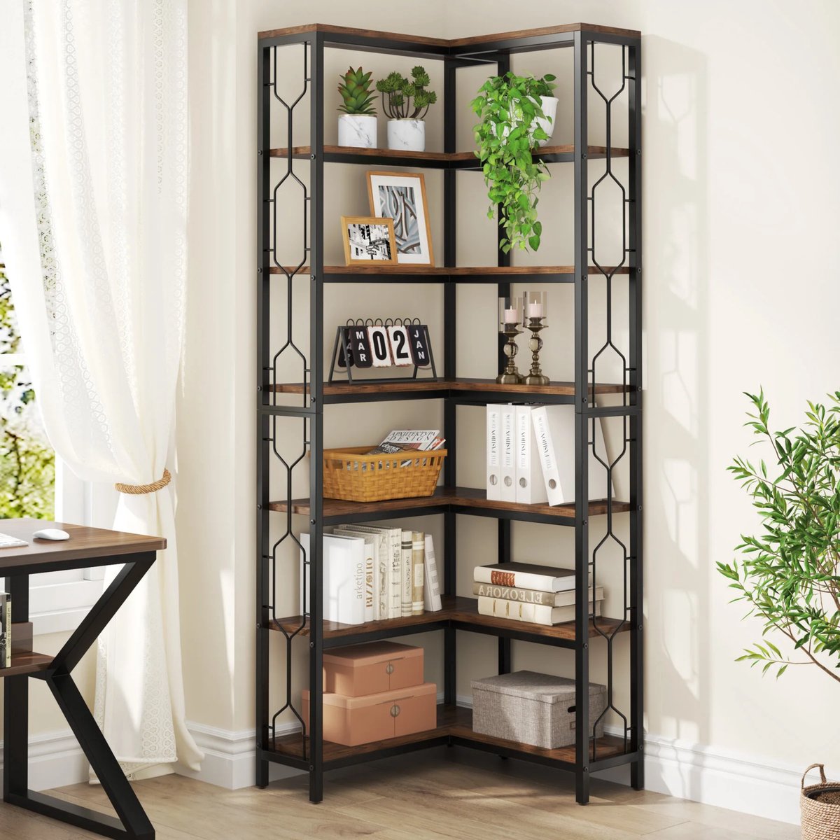 Boekenkast Diviano - Met 7 Lagen - Hoekkast - Bruin - Hoekrek - Voor Woonkamer, Slaapkamer of Kantoor