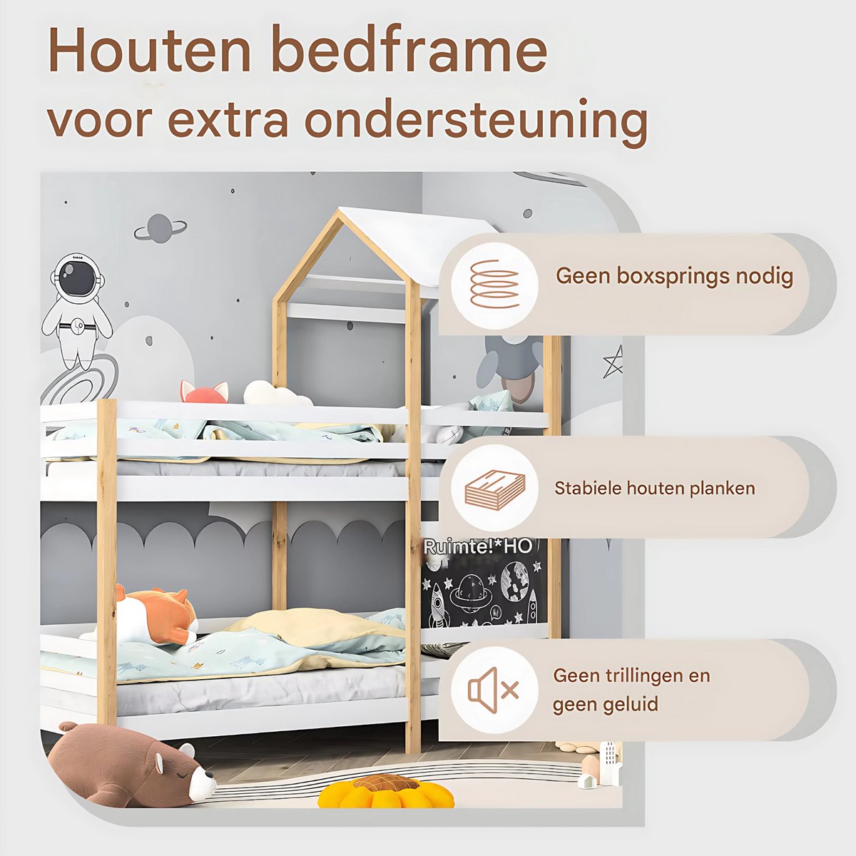 Stapelbed voor kinderen - 90x200 cm - Kinderbedden - Schoolbord - Met Hoektrap, valbeveiliging en raam - Peuterbed - Hoogslaper