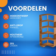 Hoekkast Dali - 6 lagen - Boekenrek - Boekenkast voor woonkamer of slaapkamer - Opbergrek - Hout - 165cm